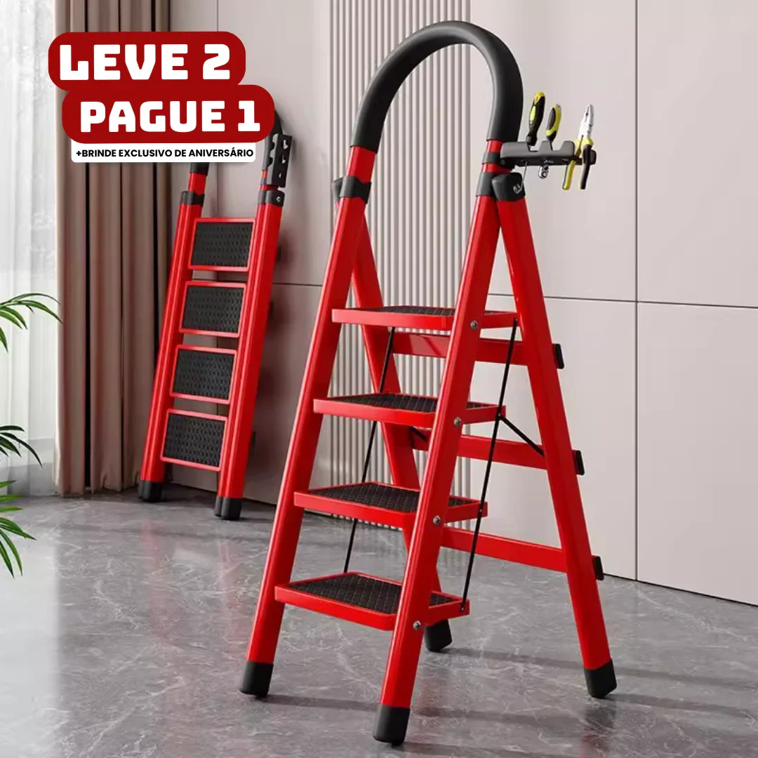 Escada Dobrável Antiderrapante RedMax de Aço 100% Segura + BRINDE: Bolsa de Ferramentas Multitarefas